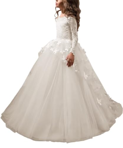 Flower Girl Dress for Wedding Long Sleeve Lace AppliquesTulle Pageant Dresses 3D Butterfly Princess Party Dresses