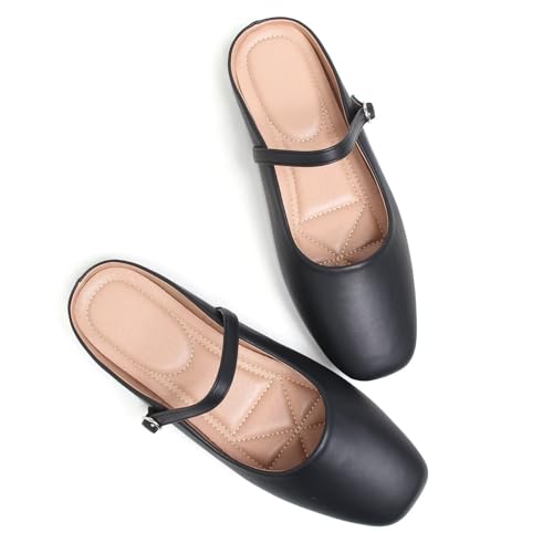 Image of TN TANGNEST Leather Flats for Women Retro Mary Jane Flats | Comfortable Square Toe Slip On Flats with Buckle Strap, Soft Work Flats Office Shoes
