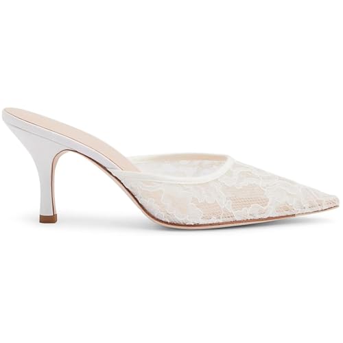 Women's Pointed Kitten Heel Black Lace Heels Mesh Mules Closed Slip Backless Dress Pumps Shoes4