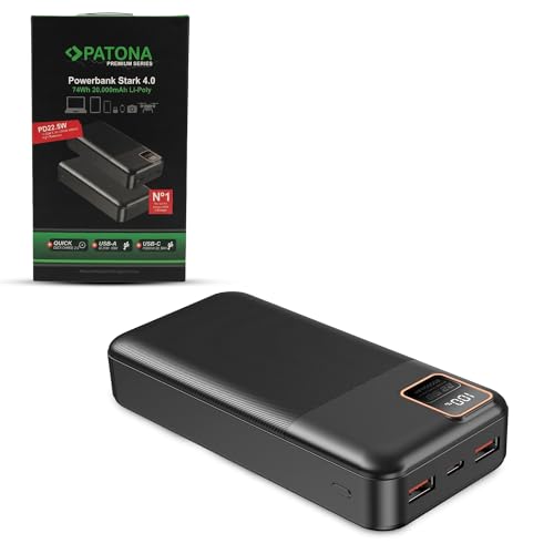 PATONA Power Bank Stark 4.0 | PD22,5 W | 20 000 mAh, 74 Wh | Tipo: polimeri di litio | Uscita: 2 X USB-A – 1 X USB-C 5 A max. | dispositivi di protezione – sovraccarico, scarica profonda