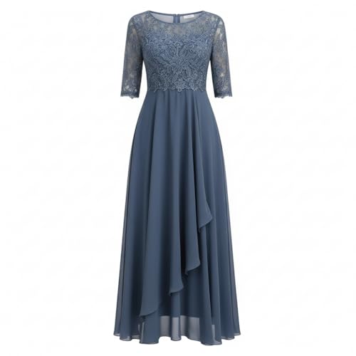Womens Boho Lace Hollow Out Lace Dresses Elegant Midi Chiffon Formal Evening Gown Wedding Party Dress Blue