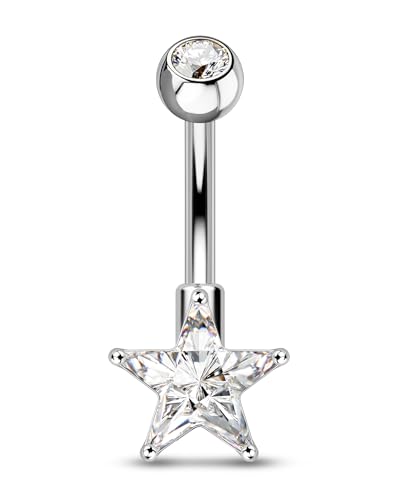 COCHARM 14g Cute Star Belly Button Ring Stainless Steel Clear CZ Belly Button Piercing Hypoallergenic Silver Navel Piercing Jewelry for Women