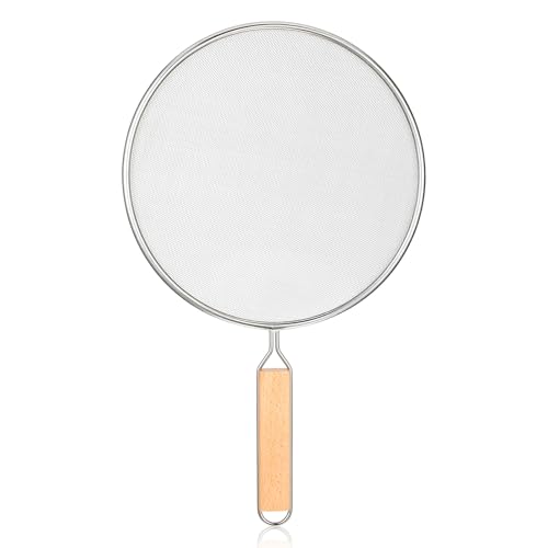 Image of HJZHII 8.3Inch Grease Splatter Screen, Stainless Steel Grease Splatters Guard with Wood Handle Hot Oil Splash Protector Splatter Screen for Frying Pan Kitchen Cooking Gadgets Supplies