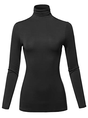 SSOULM Women's Slim Lightweight Long Sleeve Pullover Turtleneck Shirt Top with Plus Size Black S