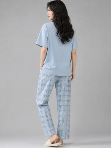 Image of Women's 2-Piece Pajama Set - Short Sleeve Top & Pants Lounge Set, Soft Breathable Sleepwear Night Suit for Women