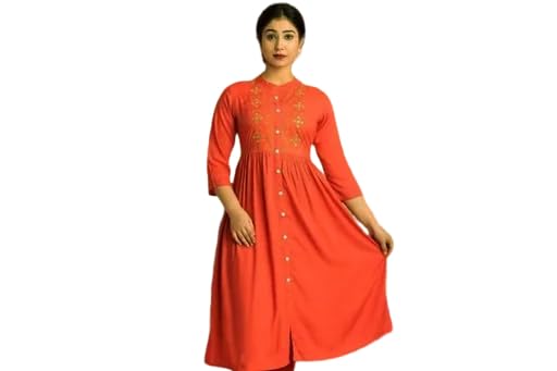 Raj Fashion Women's 3/4th Sleeves Rayon Solid Button Detailing Round Neck Printed Maxi Length Gown Orange-picture-38