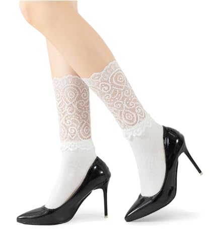 Image of Womens Lace Cotton Socks Transparent Mesh Ruffle Dress Calf Socks