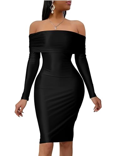 Women's Sexy Off Shoulder Long Sleeve Bodycon Cocktail Party Night Out Midi Dress
