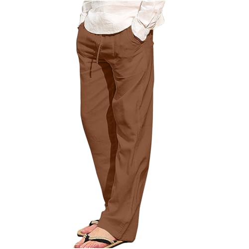 Linen Pants Men Slim Straight Solid Lightweight Drawstring Casual Pants with Pockets Elastic Waisted Lounge Pants
