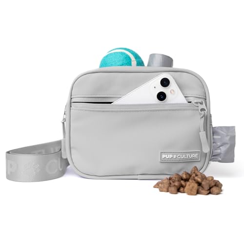 Pup Culture Cross Body Dog Training Treat Pouch | Removable for Anytime Puppy Training | Built-in Poop Bag Dispenser & Used Bag Holder | Stylish Grey
