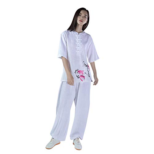KSUA Womens Tai chi Suit Martial Arts Clothes Chinese Kung Fu Uniform Linen Yoga Suit for Wing Chun Zen Meditation, Flower US XS/Tag S