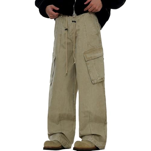 XYXIONGMAO Men's Black Loose Streetwear Overalls Drawstring Elastic Waist Multi-Pocket Sweatpants Cargo Pants for Men