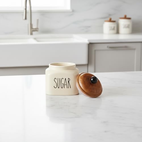 Image of Ceramic Sugar Jar Container Airtight Kitchen Storage Containers with Wooden Lids - Handcrafted Ceramic Canisters for Countertop, Pantry & Home Decor - 600ml, Beige