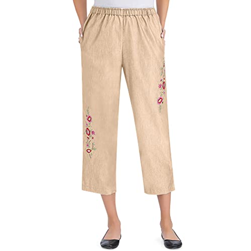 Collections Etc Floral Embroidered Denim Pull on Capri Pants for Ladies with Elastic Waist Stretch2