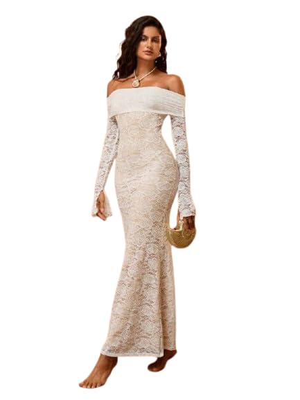 OOTDFY OOTDFYWomen’s White Off-Shoulder Lace Maxi Dress Long Sleeve Bodycon Gown for Wedding, Party & Evening Events - Review, Price and Buying Guide