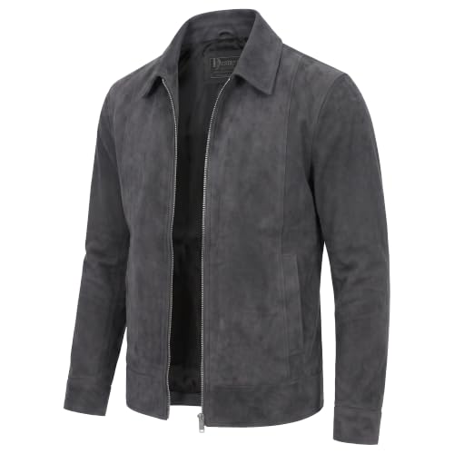 Image of Mens Polo Collar Zipper Suede Shirts Long Sleeve Shacket Suede Trucker Jacket Real Suede Leather Shirt