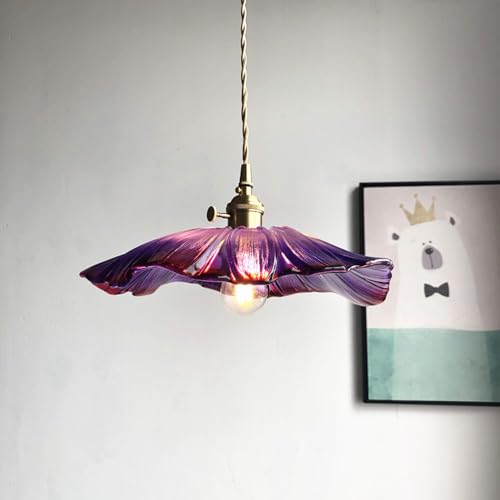 LLXDFUU Verre Cuisine Suspension Vintage Verre Violet Fleur Plafond Lustre Bar Chambre Cuivre Lampe Suspendue Luminaires D'intérieur pour Cuisine Îlot...
