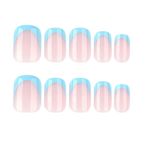 Image of Blue French Tip Nail Press ons Short Square Press on Nails Glossy Fake Nails Acrylic Full Cover Glue on Nails Reusable Artificial Finger Nail Nude Stick on Nail for Women Girls Manicure 24PCS