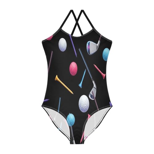 Girls Swimming Suits Beach Swimwear 3-10 Y with Adjustable Shoulder Strap, Colorful Golf Clubs Black