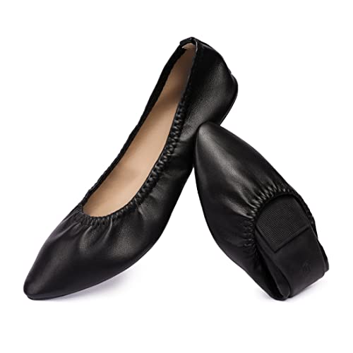 Women's Ballet Flat Slip On Pointed Toe Shoes - Classic Casual Dress Flats, Foldable Portable Travel Walking Shoes (9, Black)