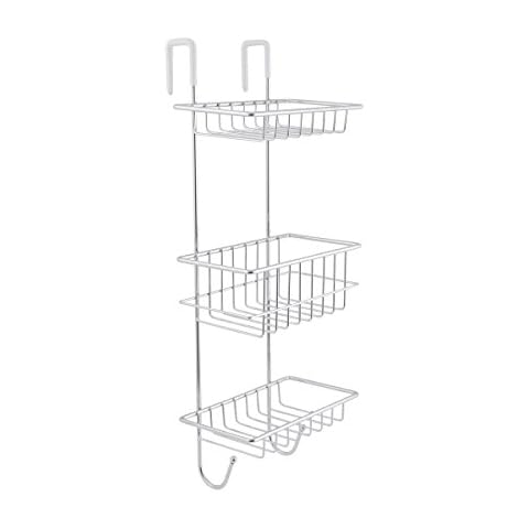 axentia Hanging Shower Shelf with 2 Hooks Shower Shelf No Drilling Shower Basket with 3 Tier Hanging Basket for Shower and Bathroom Storage Basket for Shower Gel & Bathroom Utensils, Metal, Silver, 22 Cover