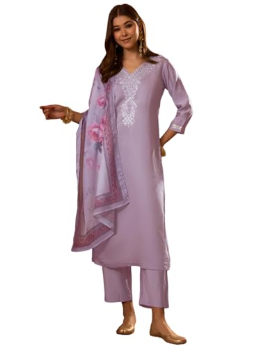 Image of Naixa Women's Rayon Embroidered Straight Kurta with Pant and Dupatta Sets (Available in Plus Size) (NX-696)