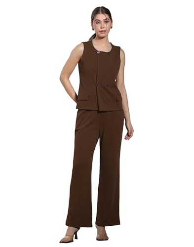 Image of Selvia Navy Blue Lycra Co-ord Set for Women, Button Detail Waist Top and Trouser Pant