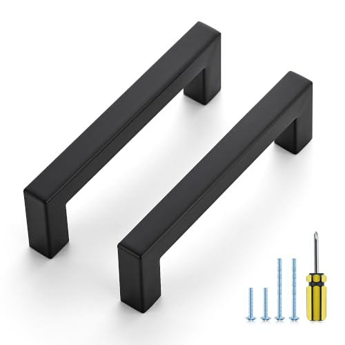 Image of Ravinte 5 Pack Kitchen Matte Black Cabinet Handles 4 Inch Hole Center Stainless Steel Square Cabinet Pulls for Dresser Drawer Cupboard Handles with Screwdriver