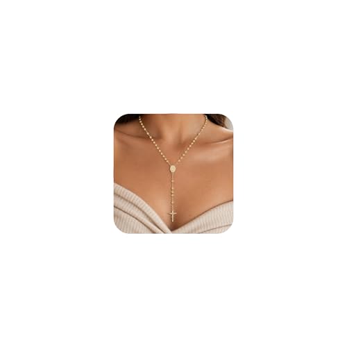 Womens Gold Catolicos Rosary Necklace - 14k Gold Plated Virgin Mary Rosary Bead Cross Necklaces Non Tarnish Gold Catholic Y Chain Necklaces Religious Rosary Bead Crucifix Necklace Jewelry for Women