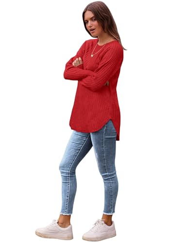 Image of Saloogoe Long Sleeve Shirts for Women 2025 Fall Clothes Tunic Tops Loose Fit Dressy Crewneck Pullover Sweaters Curved Hem