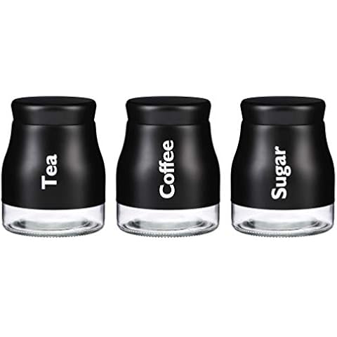 Set of 3 Matt Black Glass Tea Coffee Sugar Canister Caddy Set Large 900ml Cover