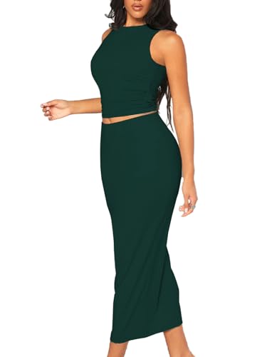 Image of Bdwinz Women's Casual 2 Piece Dress Round Neck Tank Top Bodycon Midi Skirt Dress Set
