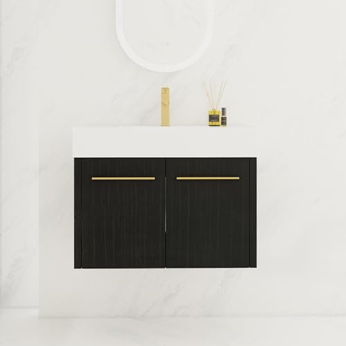 30\" Black Floating Bathroom Vanity with Sink Combo,Modern Bathroom Vanity with White Countertop and Resin Basin Sink, Wall Mounted Wood Floating Cabient with Soft-Close Doors,Gold Metal Handle