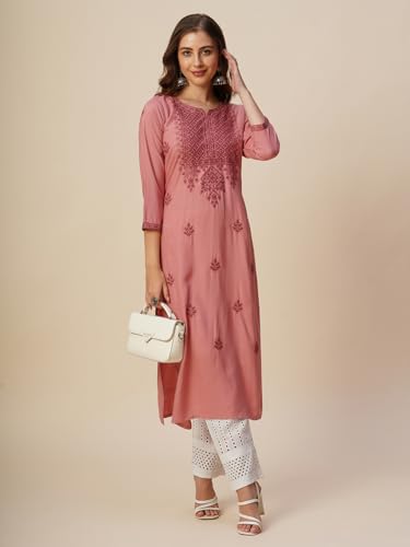 Image of RATAN Rayon Straight Lucknowi Chikankari Ethnic Wear Kurta for Women
