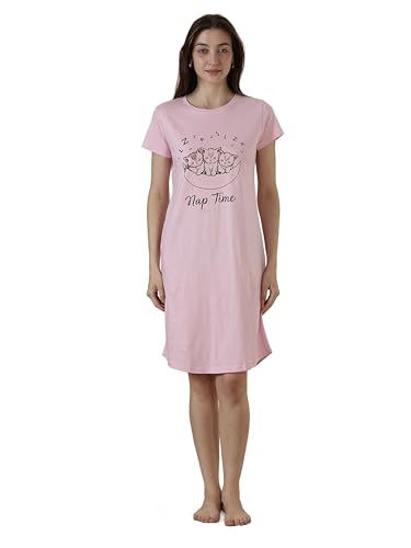 Image of 9shines Label Hosiery Cotton Knee Length Short Night Dress | Short Nighty for Women with Pocket | Graphic Print Nightwear | Night Gown for Women (M-7XL)