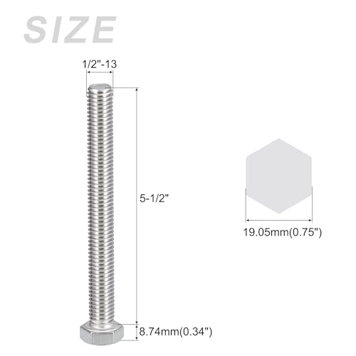 Image of METALLIXITY Hex Head Bolts (1 /2-13 x 5-1 /2 inch) 2Pcs, 304 Stainless Steel 18-8, Fully Threaded, External Hex Drive, Plain Finish, Hex Head Screw Bolt, Silver