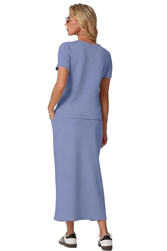 Image of GRECERELLE Women Summer Casual 2 Piece Sets V-Neck Wrinkle-Free Top & Elastic Waist Midi Side Slit Skirt with Pockets