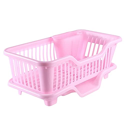 Environmental Plastic Kitchen Sink Dish Drainer Set Rack Washing Holder Basket Organizer Tray, Approx 17.5 x 9.5 x 7INCH (Pink)