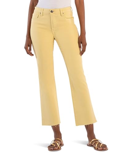 KUT from the Kloth Kelsey High-Rise Fab Ab Ankle Flare with Raw Hem in Lemon - Jeans for Women - Cotton Fabric
