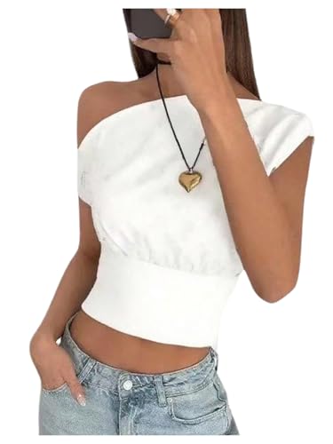 Floerns Women's Elegant Off The Shoulder Cropped Tops Dolman Sleeve Dressy Casual Tee Shirts White Large