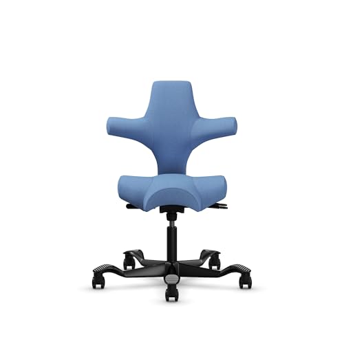 Image of HAG Capisco Standard Chair-Black Frame-Upholstered Light Blue Washed