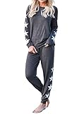 REVETRO Sweatpants Sets 2 Piece Star Pajamas Crewneck Sweatsuits Set Long Sleeve Pullover Sweatshirt Top Pocket Jogger for women Deep Gery XX-large