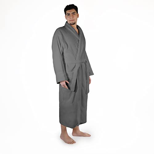 Superior Men's Traditional Premium Turkish Cotton Lightweight Long Bathrobe with Pockets- Large-X Large, Grey3