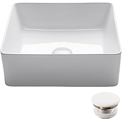 Kraus KCV-202GWH-20 Viva Porcelain Ceramic Vessel Bathroom Sink, Square 15 5/8 in. L x 15 5/8 in. W x 5 1/8 in. H, White 15.55 in