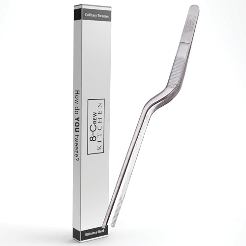 8-CREW KITCHEN Culinary Stainless Steel Tweezers, 8-inch Offset Tip Chef Precision Tongs for Plating, Decorating, Food Design, Bar and Multi-Purpose