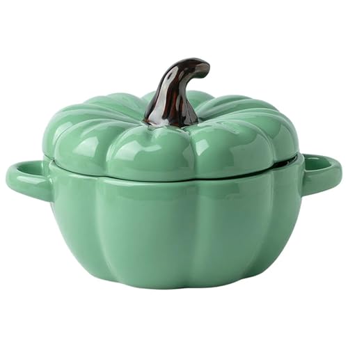 MZPOZB Soupière En Céramique Bol de cuisson créatif en forme de citrouille avec couvercle, bols à citrouille en céramique vaisselle ménagère Dessert soupe bol à lait outils de cuisine 1 pièce(Green)