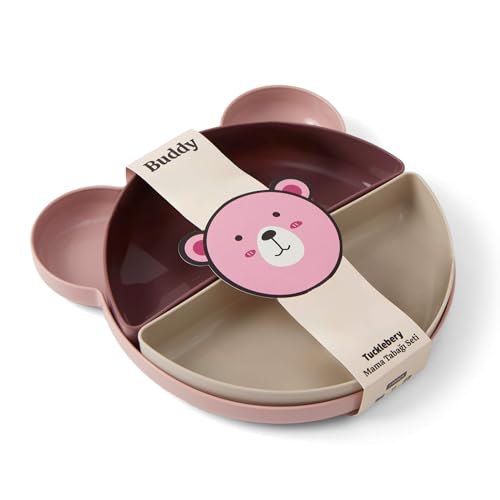 Image of Tucklebery Buddy Toddler Plates and Bowls Set | 1 Bear Plate + 4 Bowls | Dinnerware Set for Baby and Children | BPA Free - Eco Friendly - Not Smell (Pink-Purple-Beige)