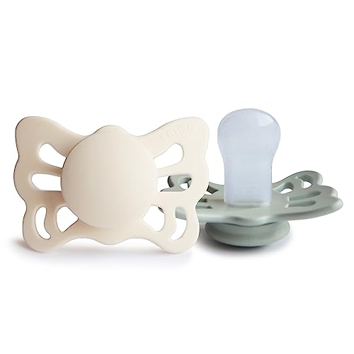Image of FRIGG Butterfly Anatomical SilkySoft Silicone Baby Pacifier | Made in Denmark | BPA-Free (Cream/Sage, 0-6 Months)