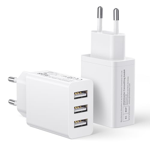 Caricatore USB Multiplo 2Pack, 3 Porte 15W/3A Presa USB Alimentatore Caricabatterie da Muro Spina Spinotto Charger per iPhone 16e/16 Pro Max/15/14/13/12/11/XR/8, Samsung S25/S24/S23/S22, Xiaomi