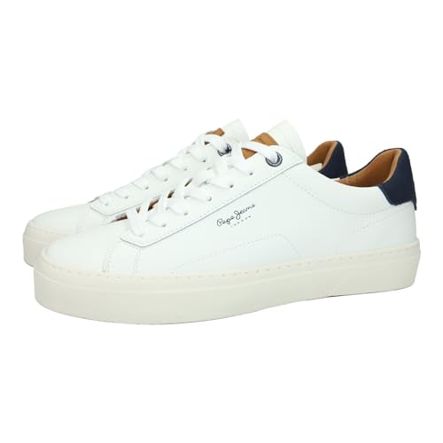 Pepe Jeans PMS30930 Zapatillas para Hombres, en Color Blanco, cómodas, Cordones y Piso Cosido de Goma Antideslizante Hombre Zapatillas Blanco 42